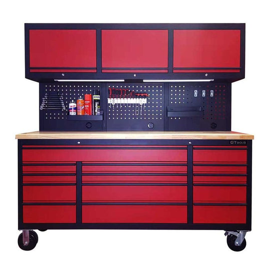 1.8M 14 Drawer Rolling Tool Cabinet Combo + Overhead Cabinets Red/Black