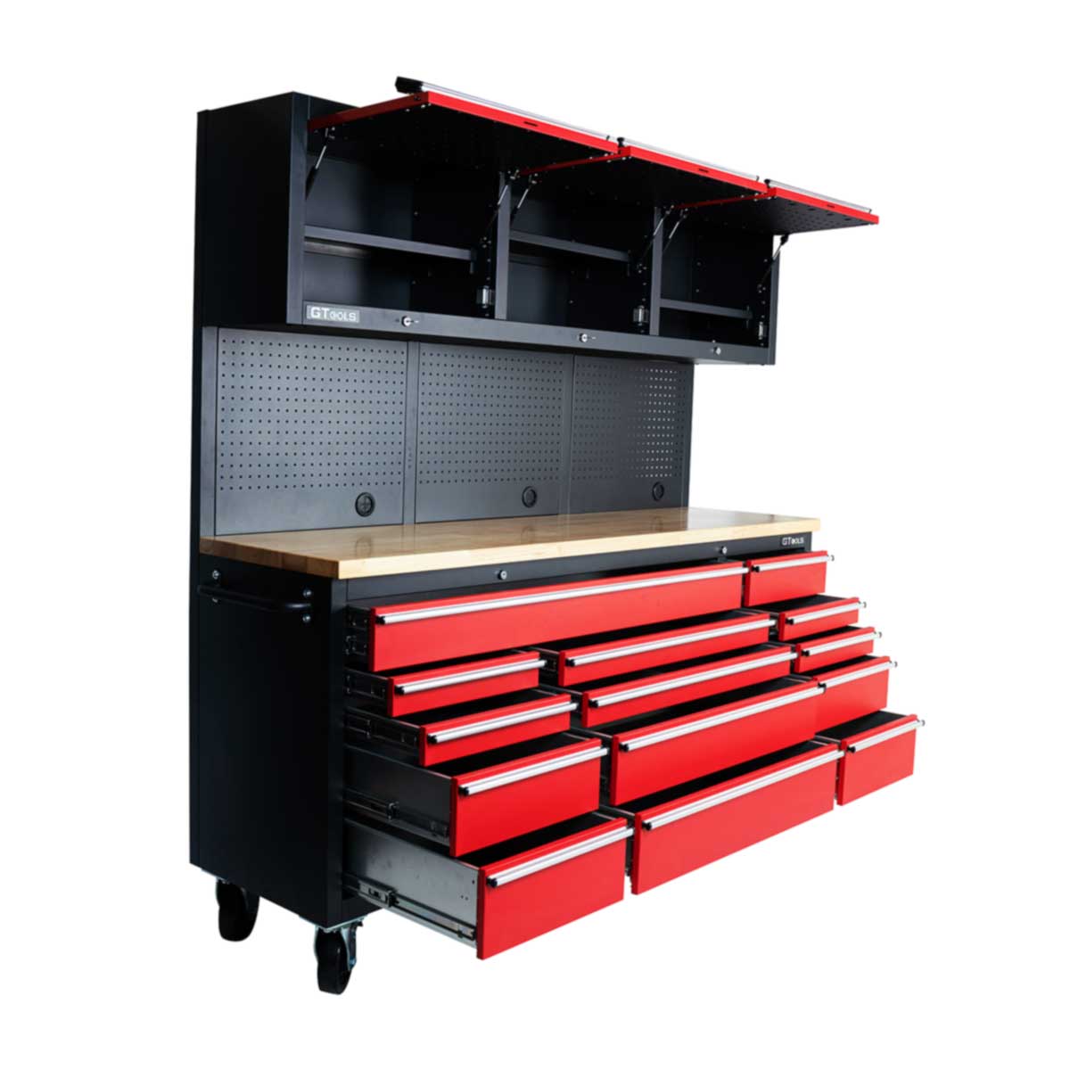1.8M 14 Drawer Rolling Tool Cabinet Combo + Overhead Cabinets Red/Black