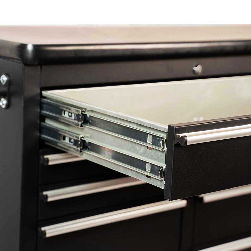 1.8M Black Powder Coated Steel Workbench, Mega Drawer Rolling Tool Chest