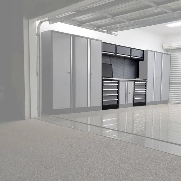 2M Modular Workbench, Drawers, Pegboards and Overhead Cabinet Set