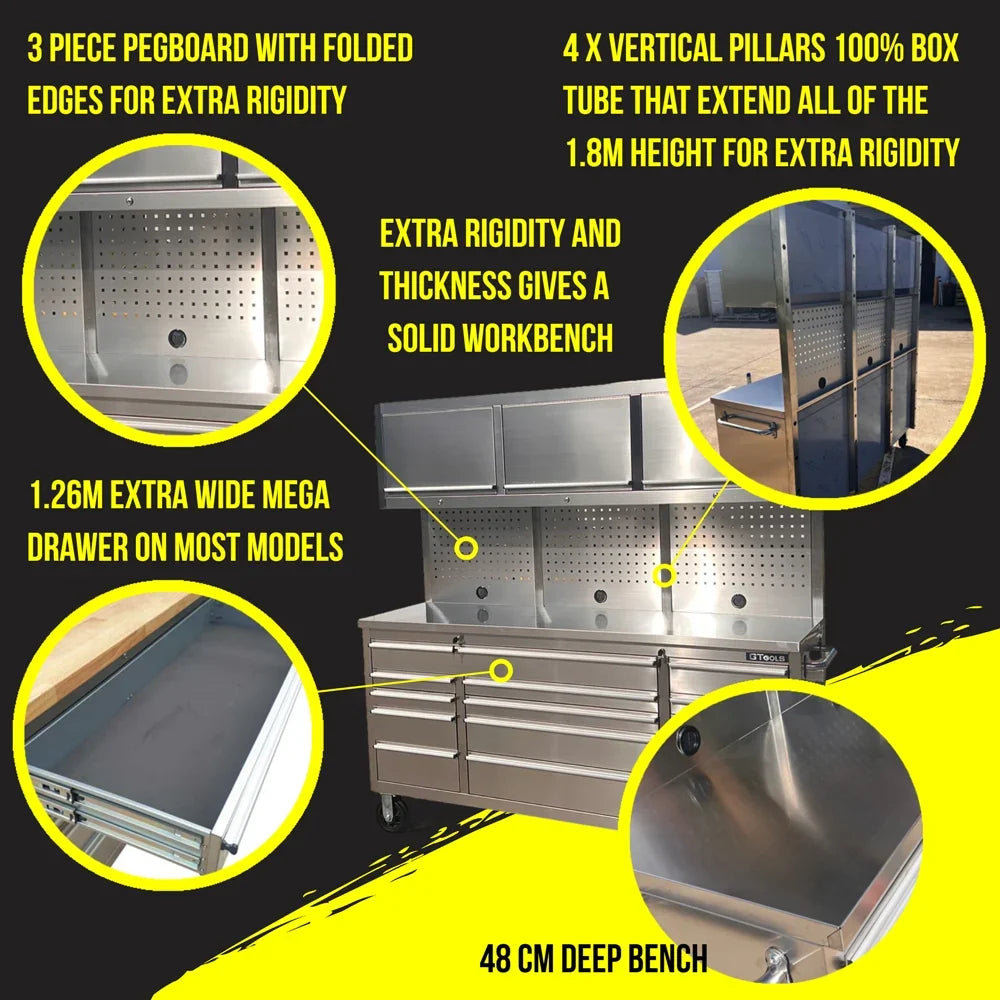 1.8M Black Tinted Stainless Steel Workbench Upper Cabinet Combo + Power Board & Panels