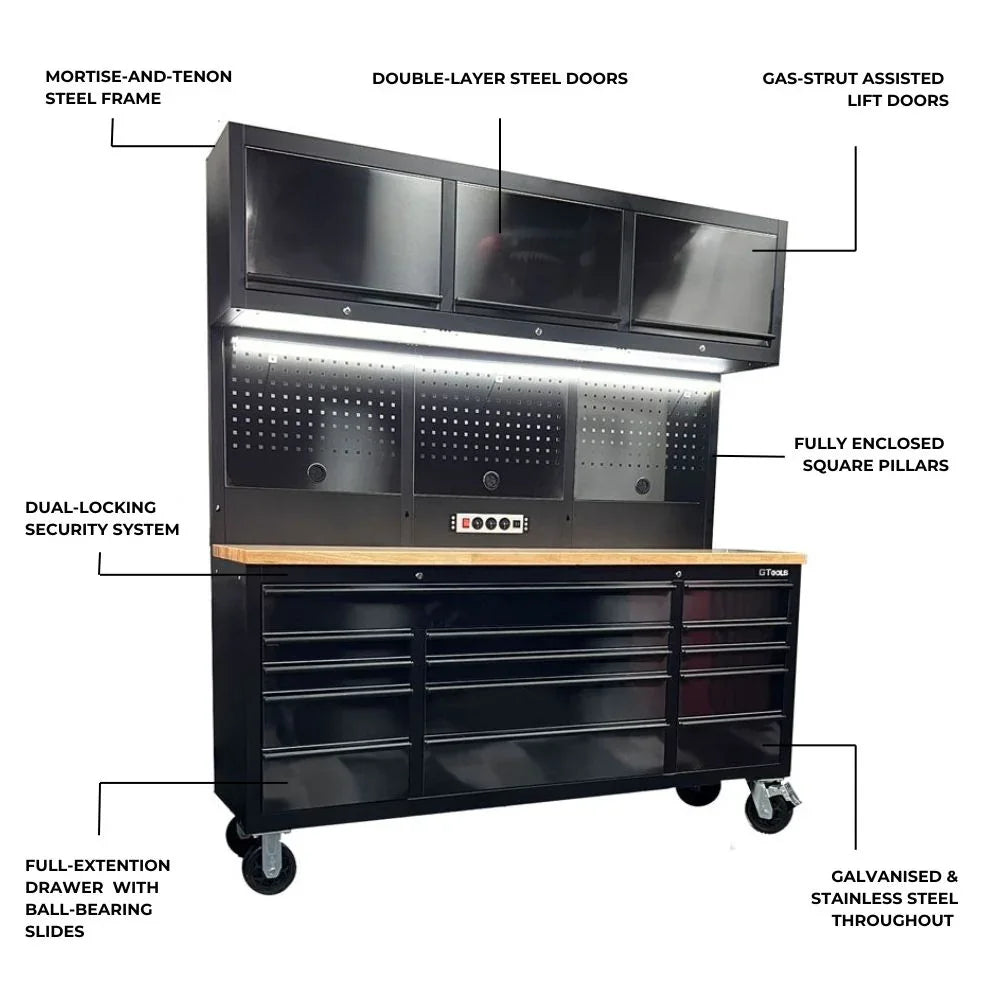 1.8M Black Tinted Stainless Steel Workbench Upper Cabinet Combo + Power Board & Panels
