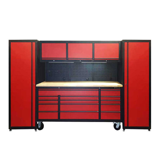 1.8M Steel Tool Box With Overheads and 2 Locker Cabinets - Red/Black