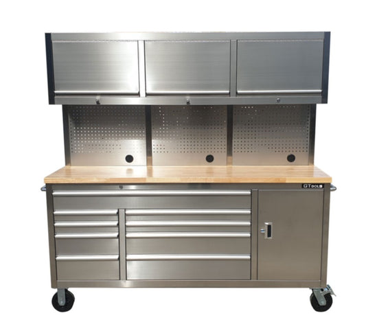 1.8M Stainless Steel Tool Chest with 9-Drawers + Cupboard and Overhead cabinets