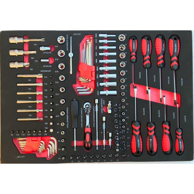 101 piece 1/4″ drive sockets, Screwdriver & Hex Star Key set in EVA Tray