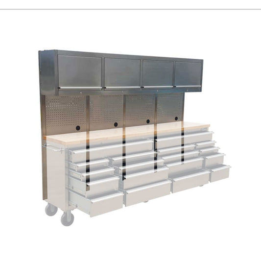 2.4M Stainless Steel Overhead Cabinets, Pegboards & Support Frames Set