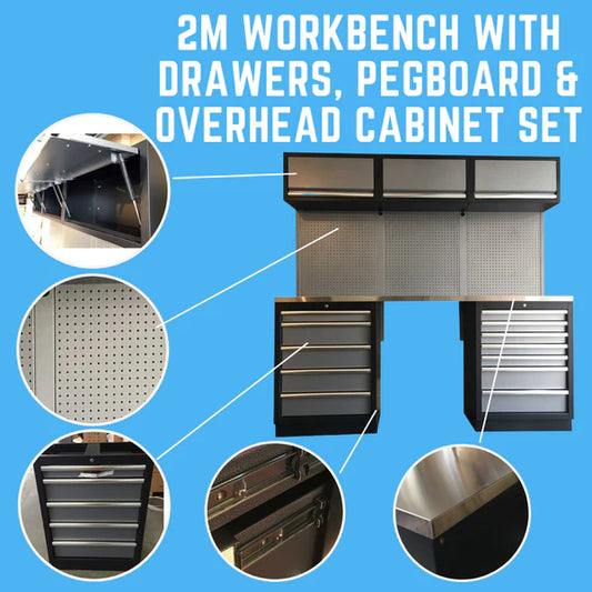 2M Modular Workbench, Drawers, Pegboards and Overhead Cabinet Set