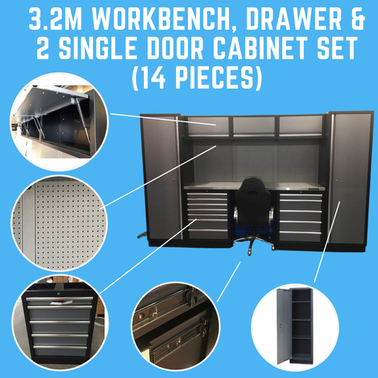 3.2M Workbench, Drawer & 2 x Single Door Tall Cabinet Set